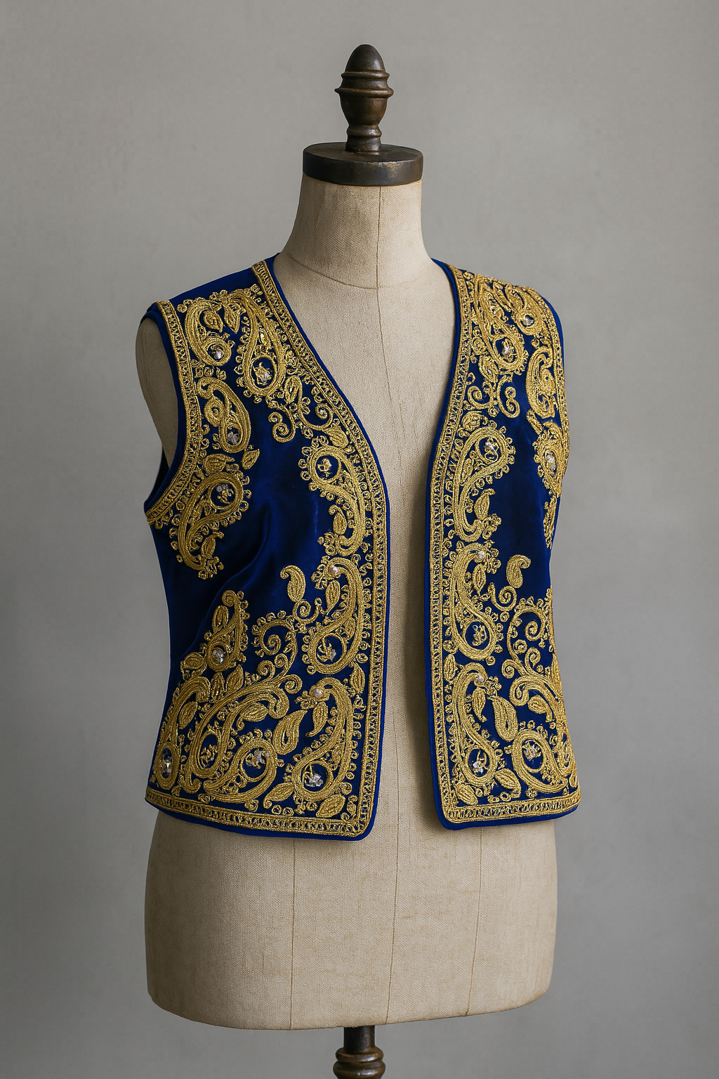 Gilet de karako bleu roi brodé en velours léger